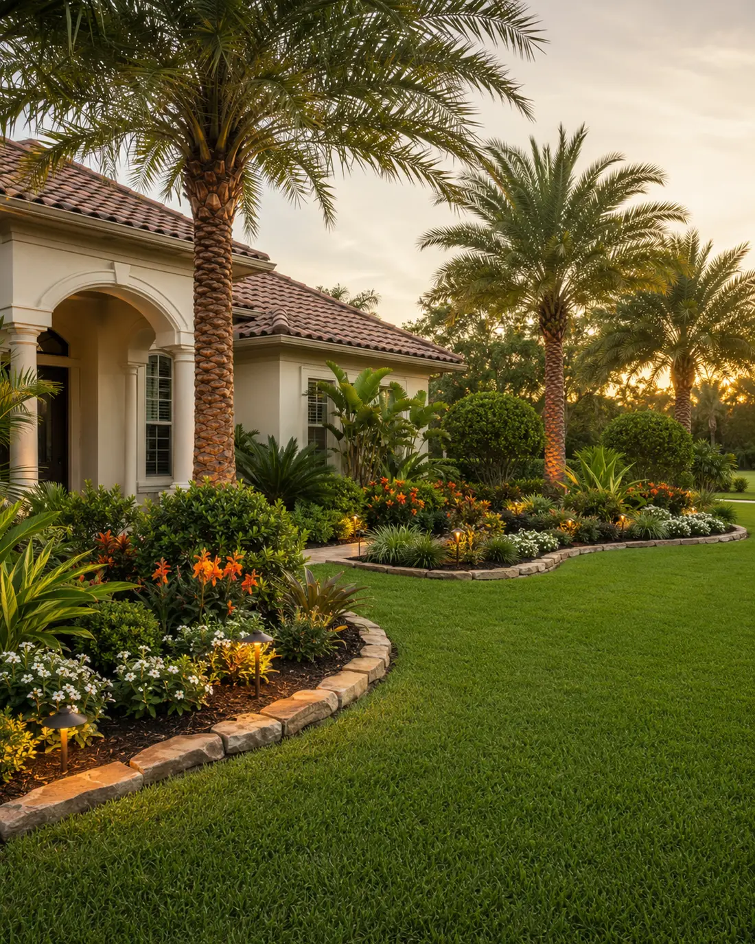 Landscaped home with layered planting, palms, color, lawn, and outdoor lighting